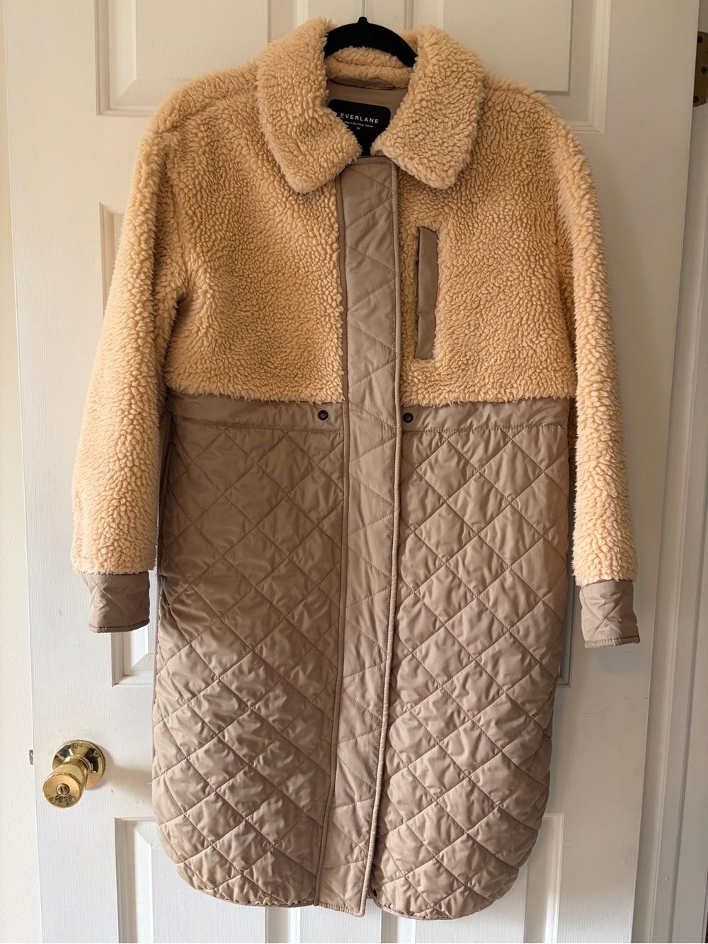 Everlane Two-Texture Long Puffer Coat in Cream and Tan